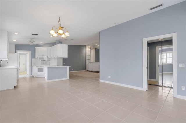 unfurnished living room with light tile patterned flooring, visible vents, baseboards, and ceiling fan with notable chandelier