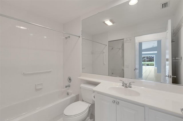 full bathroom with toilet,  shower combination, vanity, and visible vents