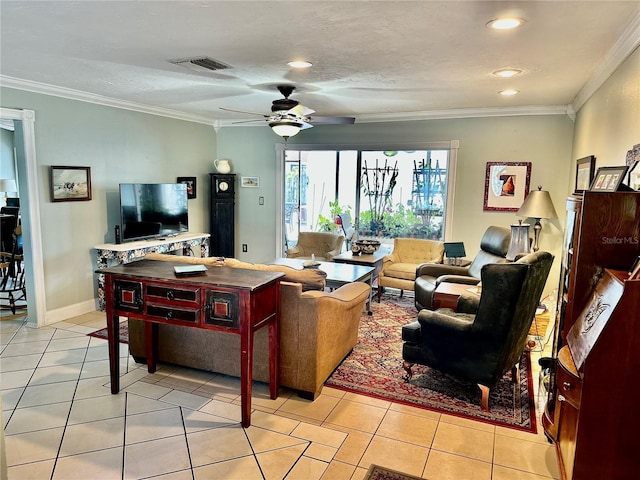 1805 Springwood Dr, Sarasota, FL 34232 - living area with ceiling fan, crown molding, light tile patterned floors, recessed lighting, and baseboards
