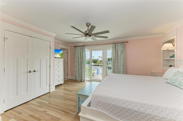 bedroom with ornamental molding, light wood-type flooring, a ceiling fan, and access to exterior