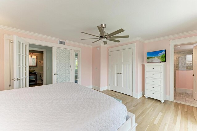 bedroom with baseboards, visible vents, a ceiling fan, crown molding, and light wood-style floors