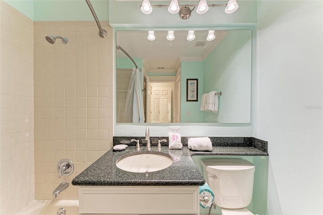 full bathroom featuring ornamental molding, shower / bath combo, vanity, and toilet