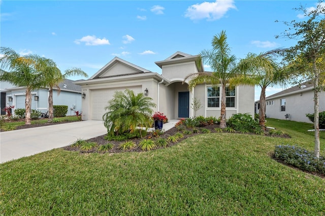 view of front facade featuring driveway, a front lawn, an attached garage, and stucco siding