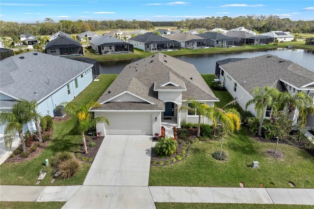 birds eye view of property with a water view and a residential view