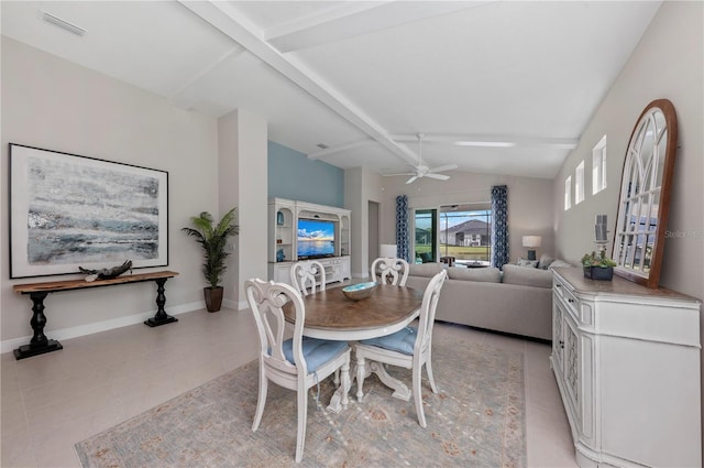 dining room with a ceiling fan, visible vents, vaulted ceiling with beams, and baseboards