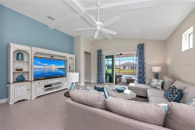 tiled living room with vaulted ceiling with beams, ceiling fan, visible vents, and baseboards