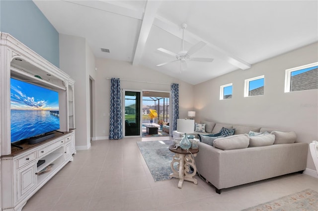 living area featuring lofted ceiling with beams, plenty of natural light, baseboards, and a ceiling fan