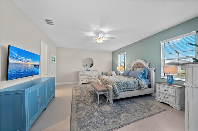 bedroom featuring visible vents, ceiling fan, and baseboards