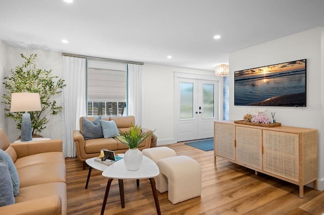 living room featuring a wealth of natural light, french doors, and light wood-style floors