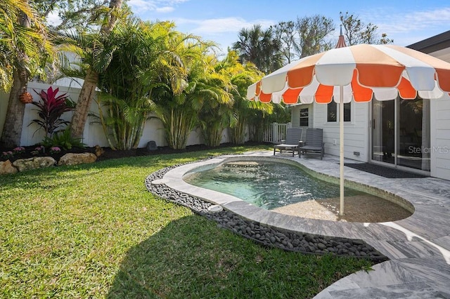 view of yard with a patio and a fenced backyard