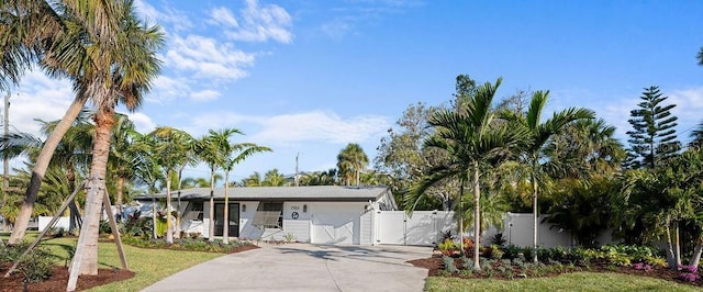 ranch-style house featuring fence, concrete driveway, a front yard, a garage, and a gate