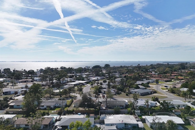 aerial view featuring a water view and a residential view