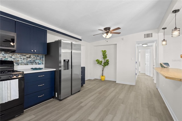 kitchen with stainless steel appliances, light countertops, backsplash, blue cabinets, and light wood-type flooring