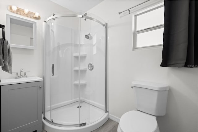 bathroom featuring a stall shower, vanity, and toilet