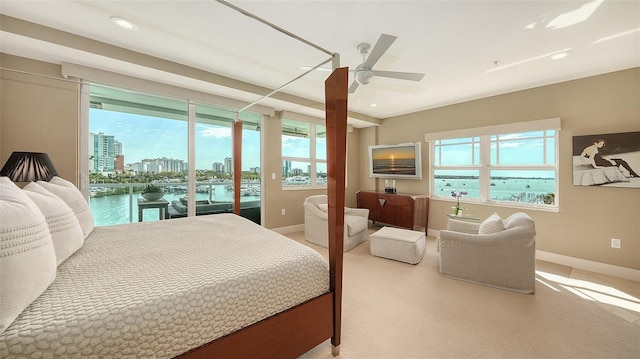 carpeted bedroom with access to exterior, recessed lighting, a ceiling fan, and baseboards