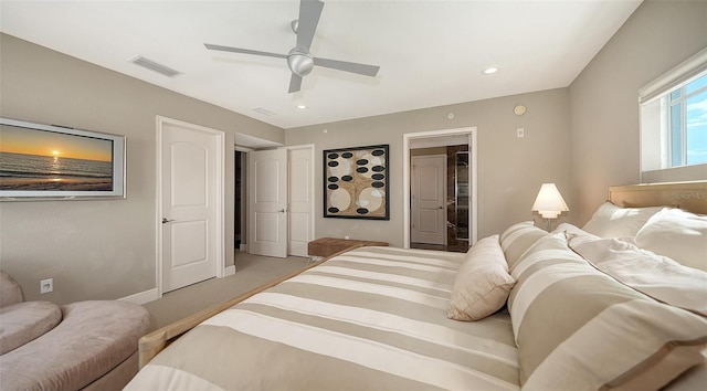 bedroom featuring visible vents, baseboards, ceiling fan, light colored carpet, and recessed lighting