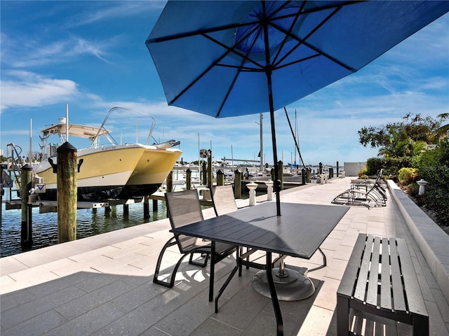 view of home's community with boat lift, a boat dock, and a water view