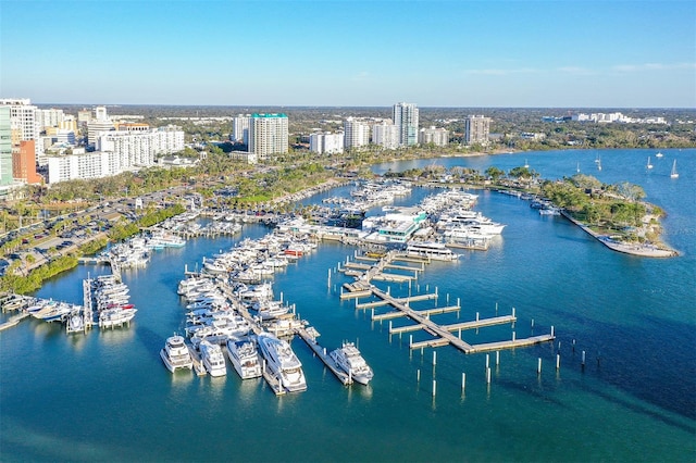 drone / aerial view featuring a view of city and a water view