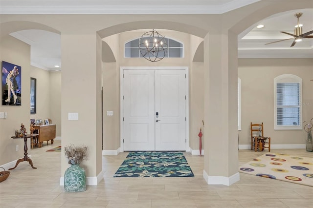 foyer entrance featuring ceiling fan, ornamental molding, recessed lighting, and baseboards