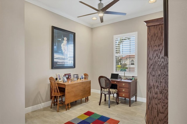 office area with crown molding, baseboards, a ceiling fan, and recessed lighting