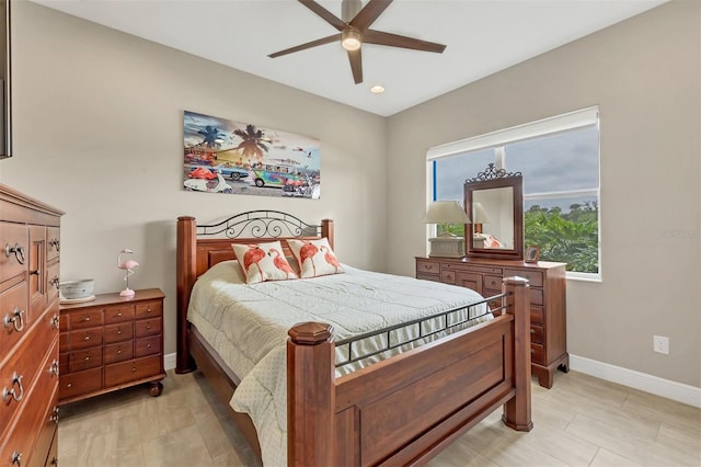 bedroom with recessed lighting, multiple windows, ceiling fan, and baseboards