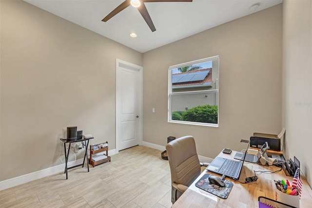 home office with ceiling fan, baseboards, and recessed lighting