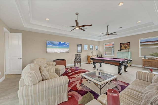 playroom with a raised ceiling, billiards, and baseboards