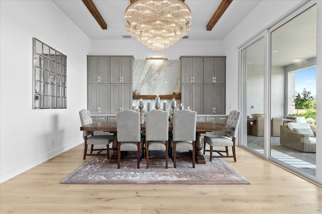 dining space featuring a chandelier, visible vents, baseboards, light wood finished floors, and beamed ceiling