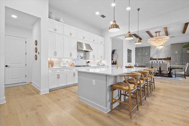 kitchen featuring black cooktop, visible vents, wall chimney range hood, light wood finished floors, and tasteful backsplash