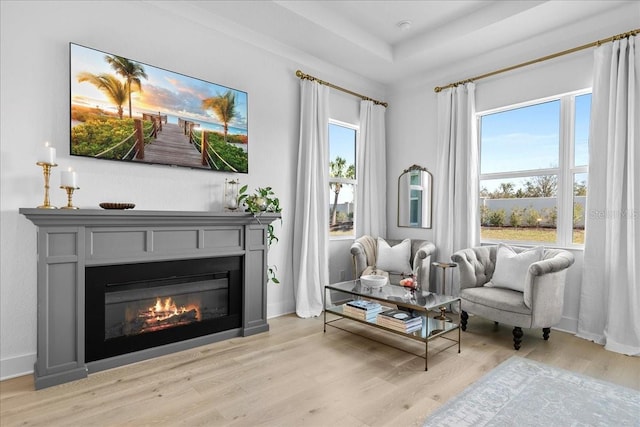 living area with a glass covered fireplace, a raised ceiling, baseboards, and light wood finished floors