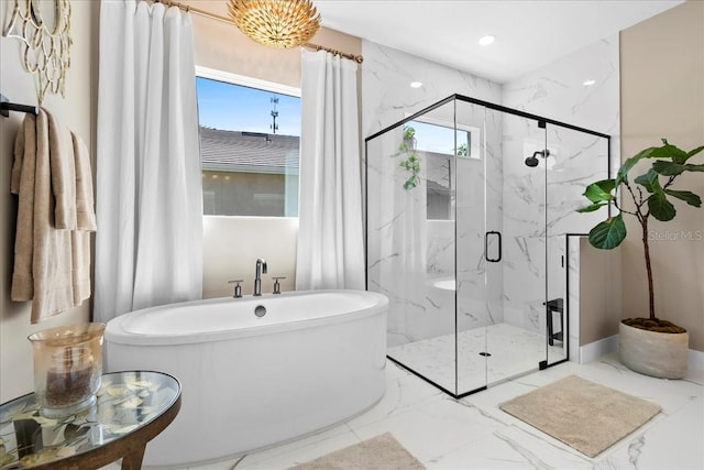 bathroom featuring recessed lighting, marble finish floor, a freestanding tub, and a marble finish shower