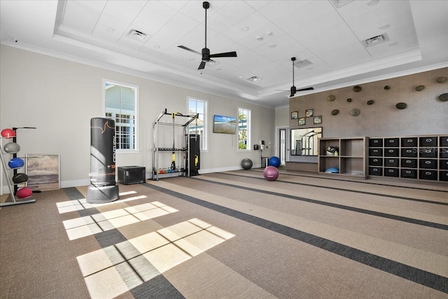 exercise area with carpet and a raised ceiling