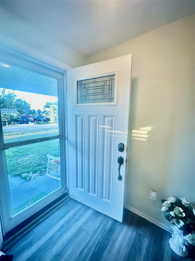 entryway with wood finished floors