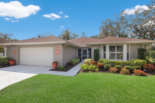 ranch-style house featuring stucco siding, a shingled roof, concrete driveway, an attached garage, and a front yard