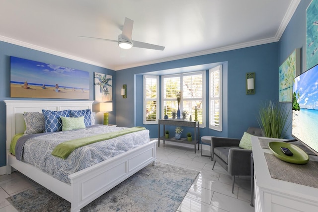 bedroom with marble finish floor, ceiling fan, and crown molding