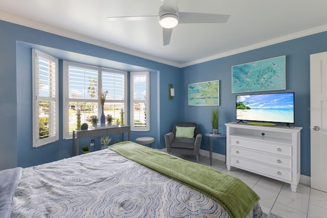 bedroom with crown molding, baseboards, and ceiling fan