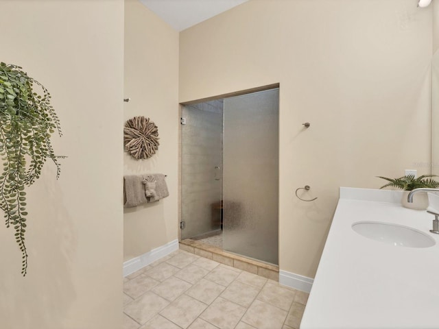 6512 Midnight Pass Rd Unit 504, Sarasota, FL 34242 - bathroom with a stall shower, vanity, and tile patterned flooring