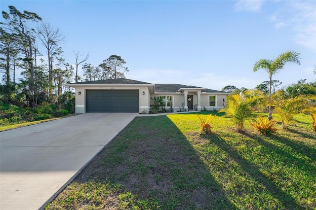 ranch-style home with a front lawn, a garage, driveway, and stucco siding