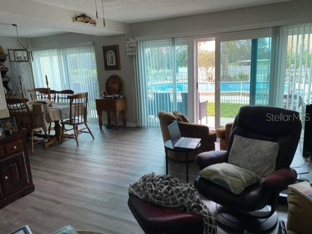 living area with a textured ceiling and wood finished floors