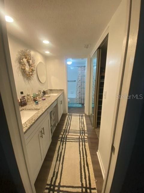 bathroom featuring recessed lighting, wood finished floors, a sink, and double vanity