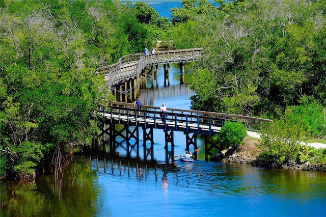 dock area with a forest view and a water view