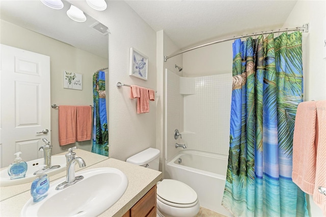 full bath with visible vents, toilet, shower / bath combo, vanity, and a textured ceiling