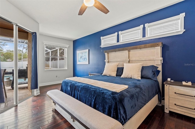 bedroom with access to exterior, a ceiling fan, baseboards, and hardwood / wood-style flooring