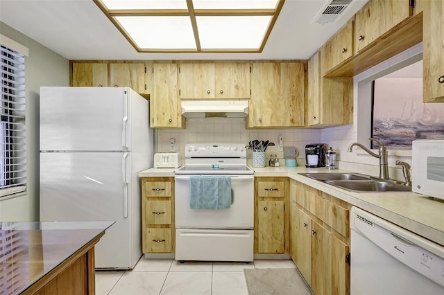 kitchen with under cabinet range hood, white appliances, a sink, light countertops, and decorative backsplash