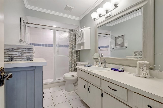 full bath with toilet, ornamental molding, a stall shower, vanity, and tile patterned flooring