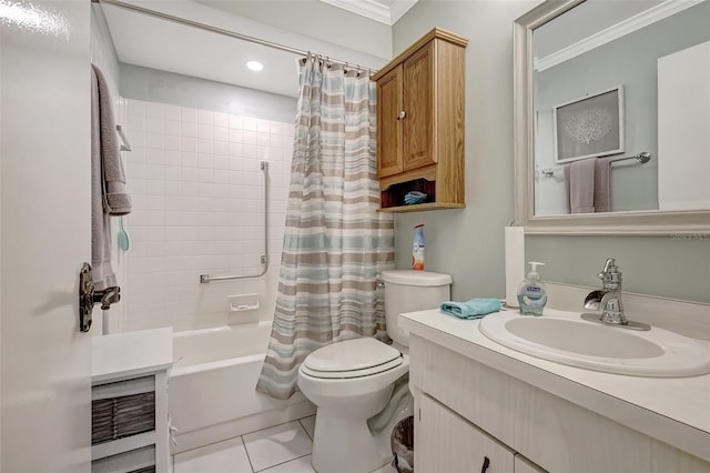 bathroom with toilet, ornamental molding, tile patterned floors, shower / bath combination with curtain, and vanity