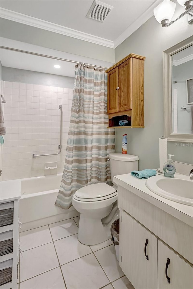 full bath featuring crown molding, shower / bath combination with curtain, visible vents, toilet, and tile patterned flooring