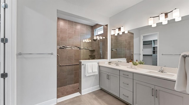 full bathroom featuring a sink, walk in shower, and double vanity