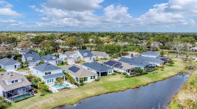 bird's eye view featuring a residential view and a water view