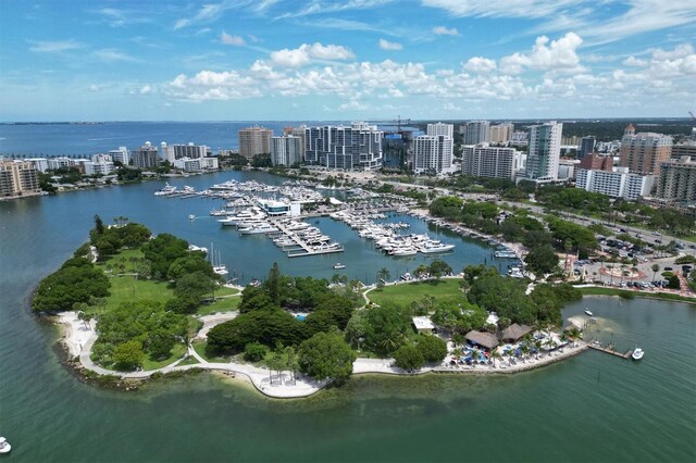 birds eye view of property with a water view and a city view